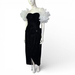 Vintage Black Velvet Dress with Dramatic Sheer Puff Sleeves & Rhinestone Detail